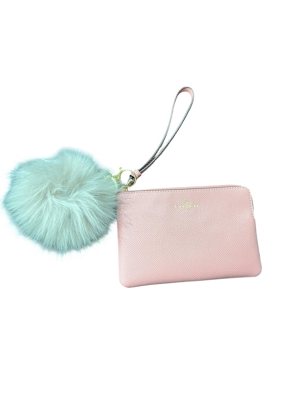 Coach Pink Wristlet Pouch with Grey Pom Pom